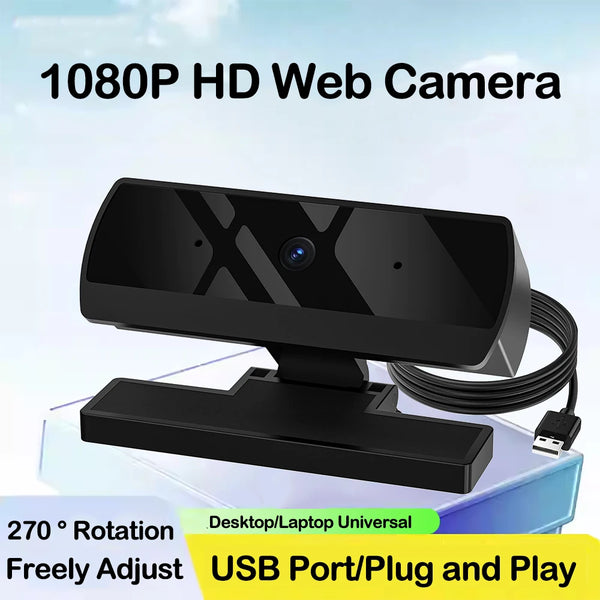Black 1080P HD web camera with a rotating mount and USB port for video calls