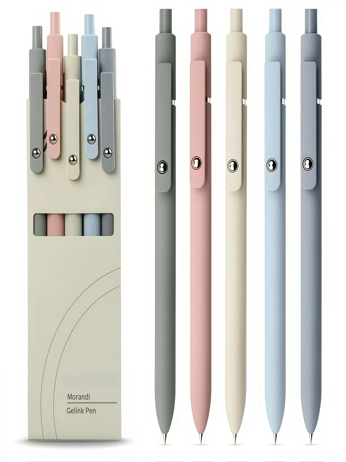 A set of Morandi Gel Pens in various shades of beige, pink, and blue are displayed vertically.