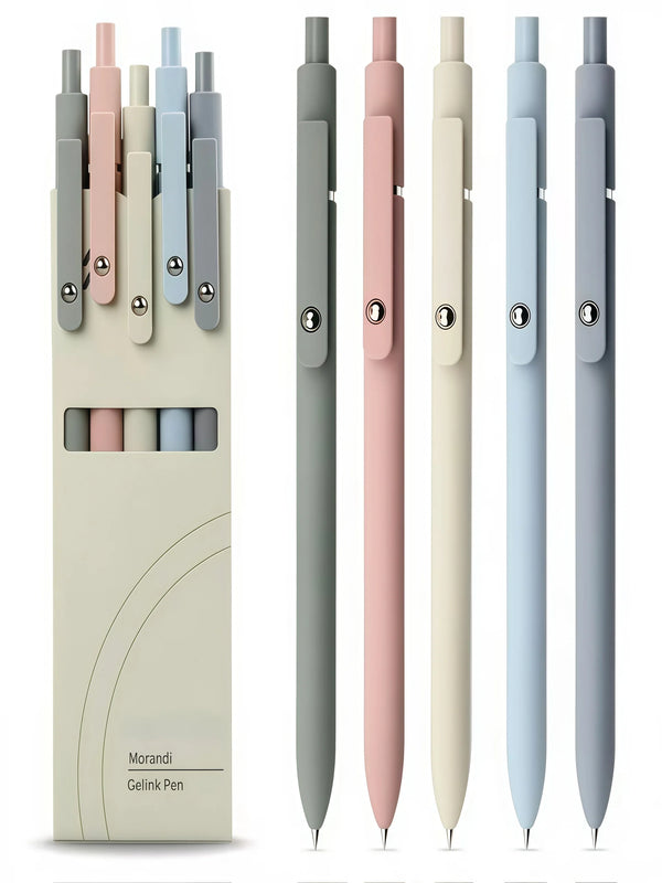 A set of Morandi Gel Pens in various shades of beige, pink, and blue are displayed vertically.