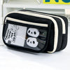 Black pencil case with a transparent flip pocket displaying panda-themed items.