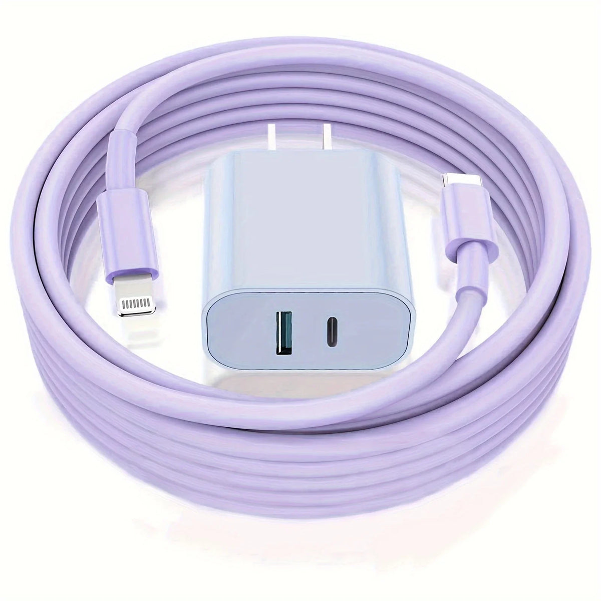 A purple USB-C fast charger and 6ft Lightning cable coiled together.