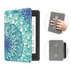 A teal and purple patterned leather case for a Kindle Paperwhite, shown with a hand demonstrating the fit.