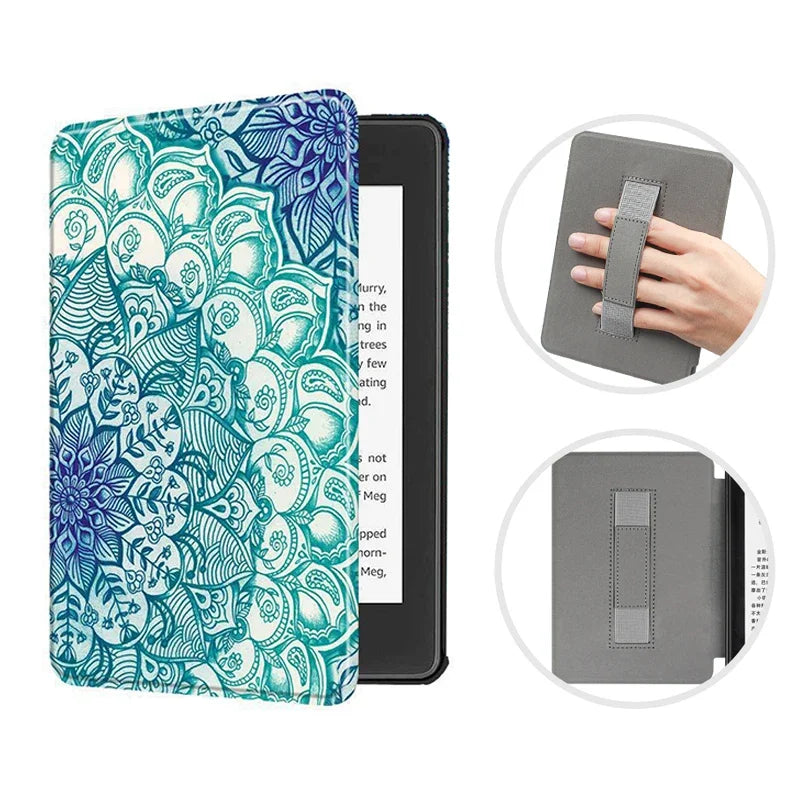 A teal and purple patterned leather case for a Kindle Paperwhite, shown with a hand demonstrating the fit.