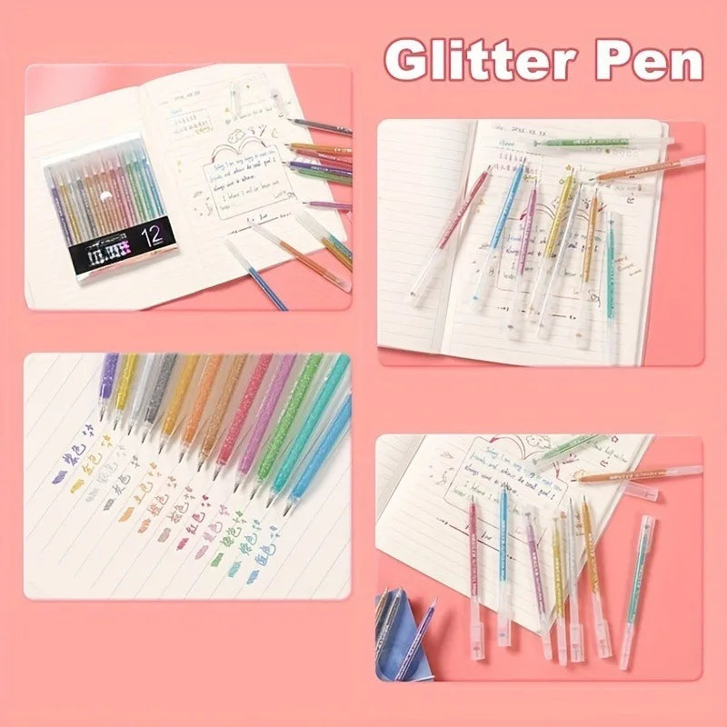 A collection of 12 glitter pens in various colors is displayed on white paper and a notebook.