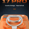 An orange magnetic phone stand with a silver kickstand is shown on a dark background.