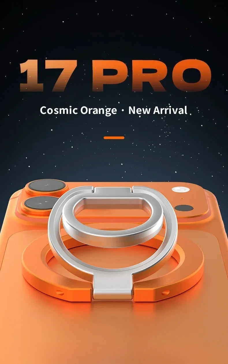 An orange magnetic phone stand with a silver kickstand is shown on a dark background.