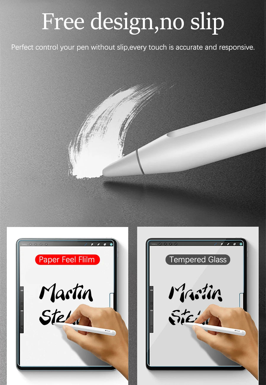A white pen is shown writing on a tablet with a paper feel film screen protector, demonstrating accurate and responsive touch
