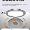 A silver magnetic tablet holder demonstrating 360-degree adjustment and an 180-degree angle for unlimited placement.