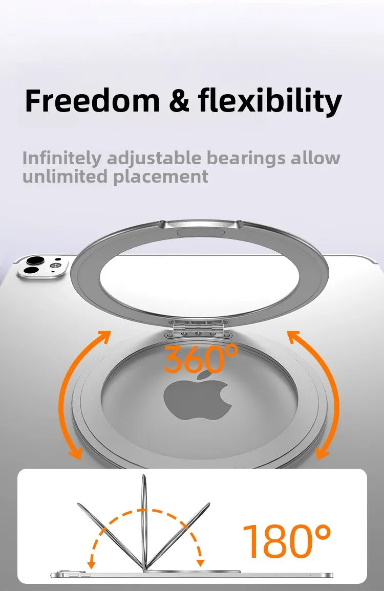 A silver magnetic tablet holder demonstrating 360-degree adjustment and an 180-degree angle for unlimited placement.