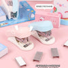 A set of pink and blue cartoon mini staplers for students and office use displayed on a pink background.