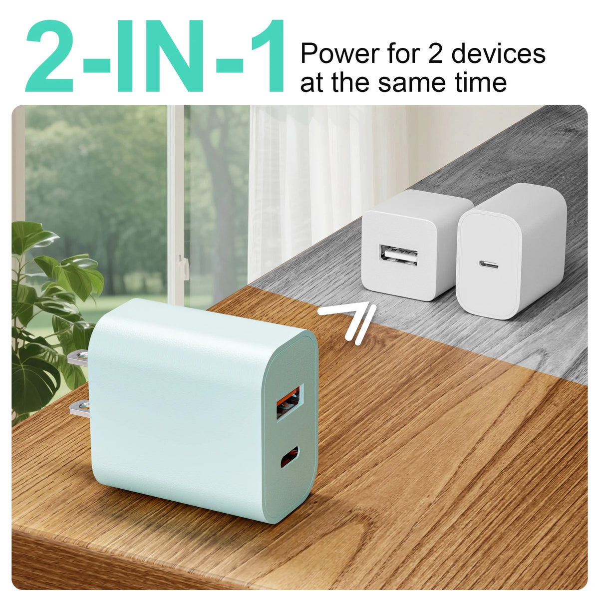A light blue portable charger with dual USB-C ports is shown on a wooden table.