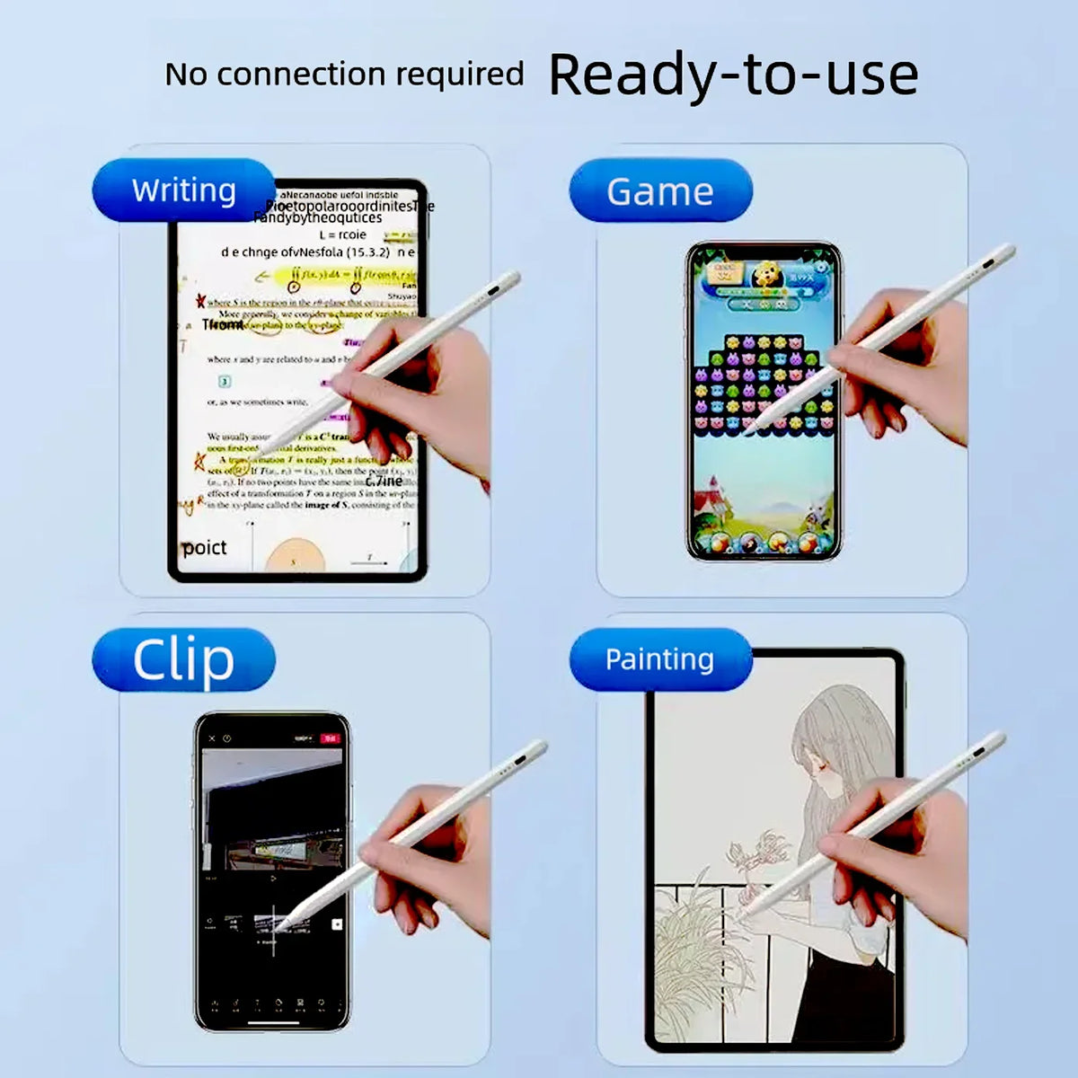 A set of writing and game style stylus pens shown alongside a clip pen and a painting pen for use with an iPad.