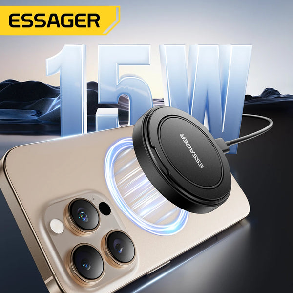A beige mobile phone with a magnetic wireless charger and stand is shown, featuring multiple camera lenses.