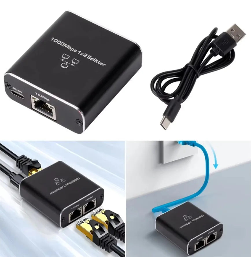 Divisor de 1x2 de 1000Mbps negro con cable Ethernet y conectores, visto desde varios ángulos.