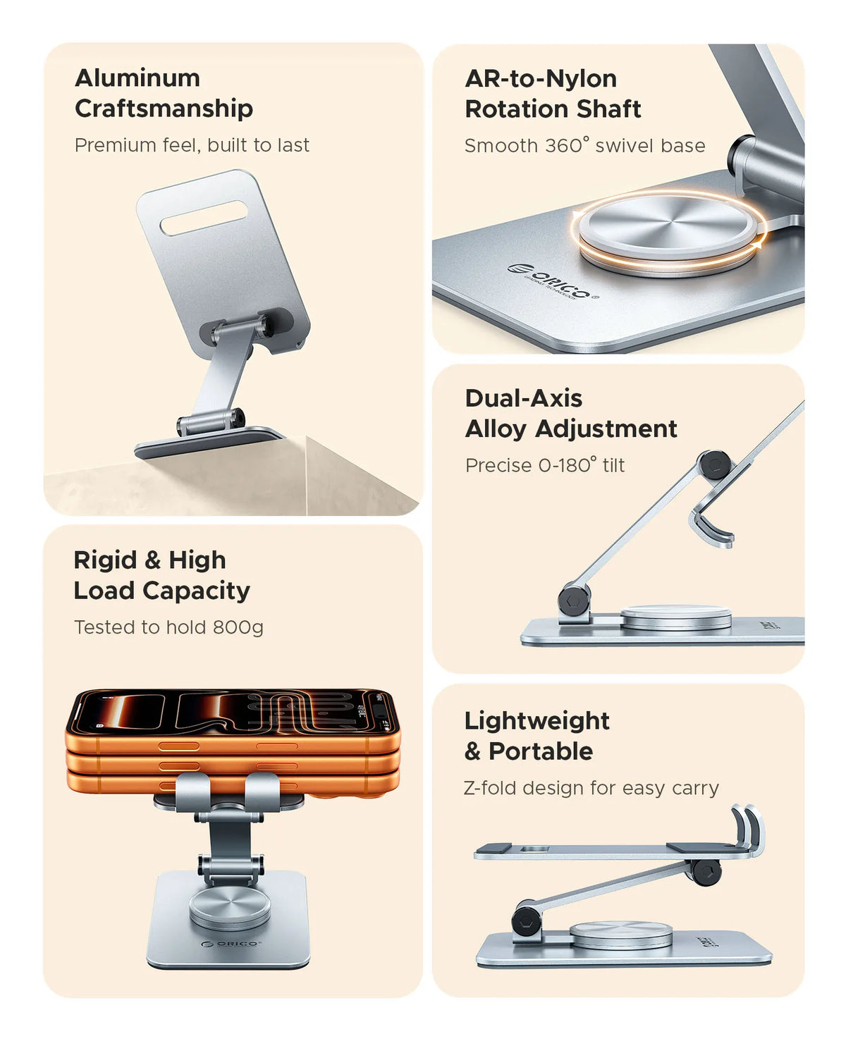 A silver aluminum AR-to-Nylon rotation shaft phone holder stand with a smooth swivel base and dual-axis alloy adjustment.
