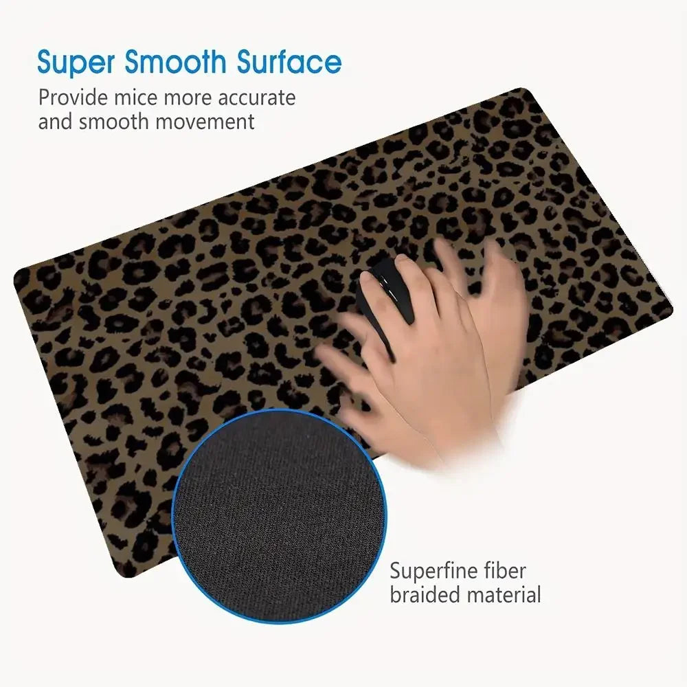 A dark brown leopard print mouse pad with a black textured grip surface.
