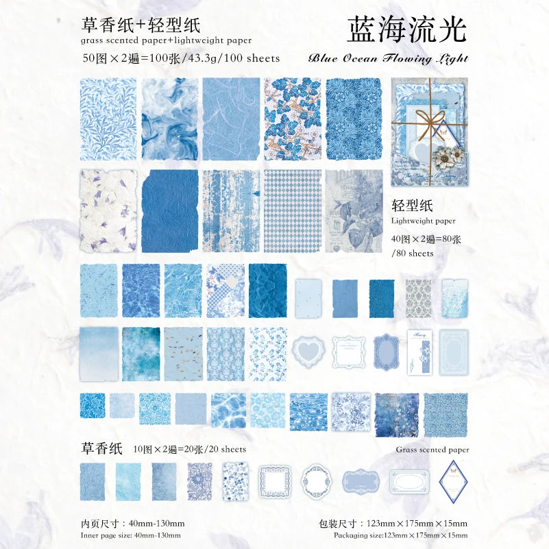 A collection of blue ocean light scented paper sheets and lightweight paper for crafting projects