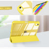 A yellow hybrid protective case for an iPad, showing various angles and a view of the device with a pencil holder.