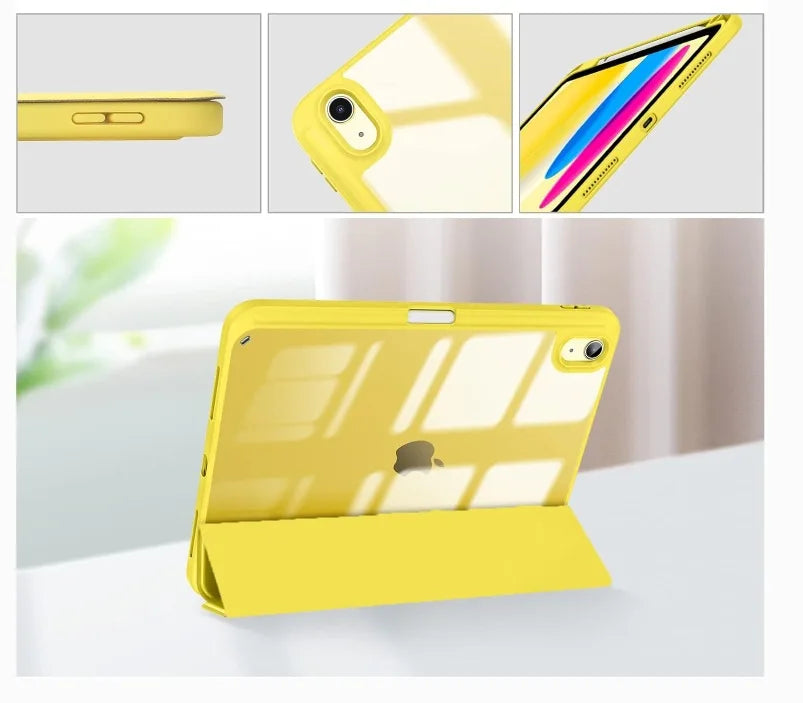 A yellow hybrid protective case for an iPad, showing various angles and a view of the device with a pencil holder.