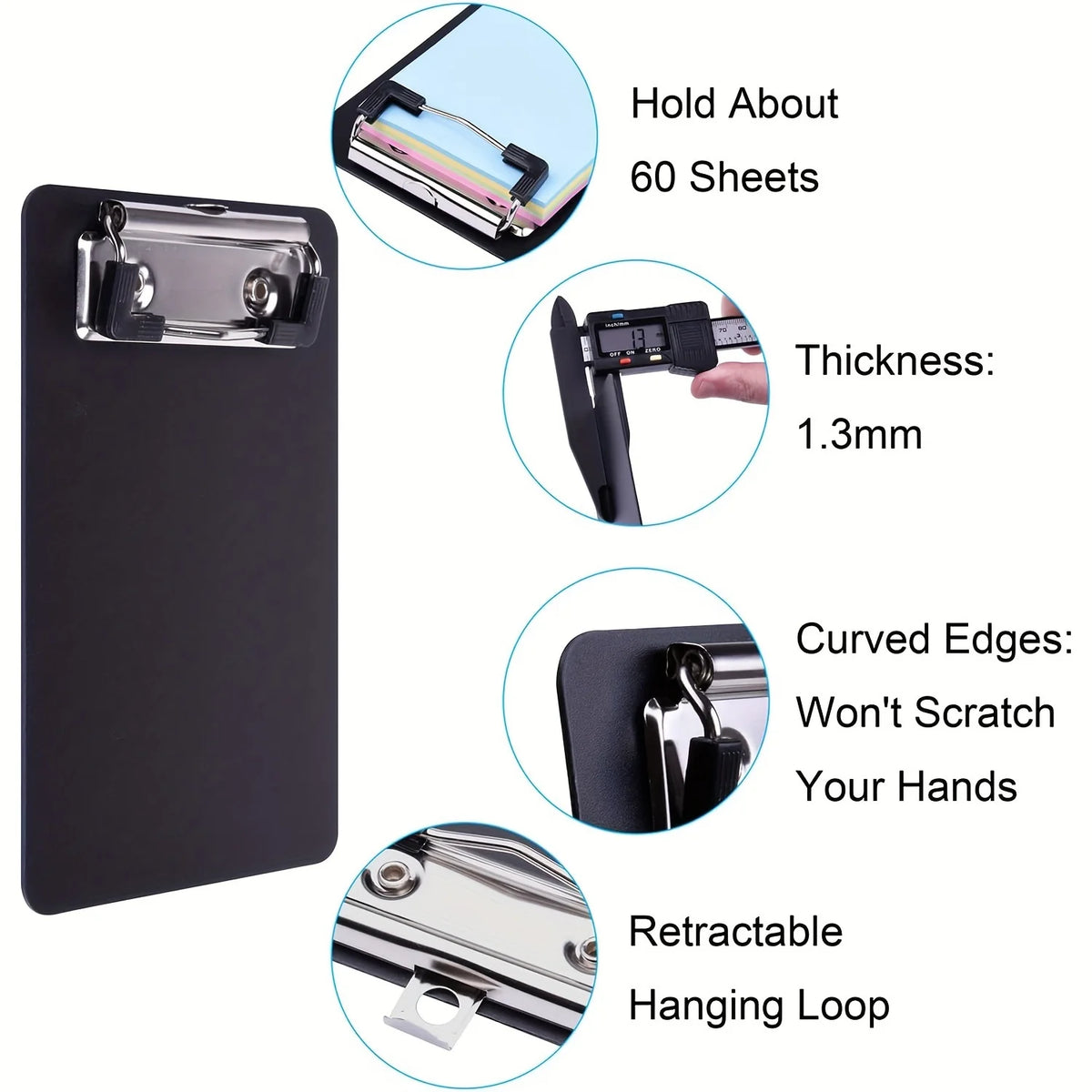 A black pocket-sized clipboard with a secure clip, featuring curved edges and a retractable hanging loop.