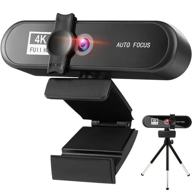 Webcam 4K HD autofocus noire montée sur trépied pour conférence et streaming.