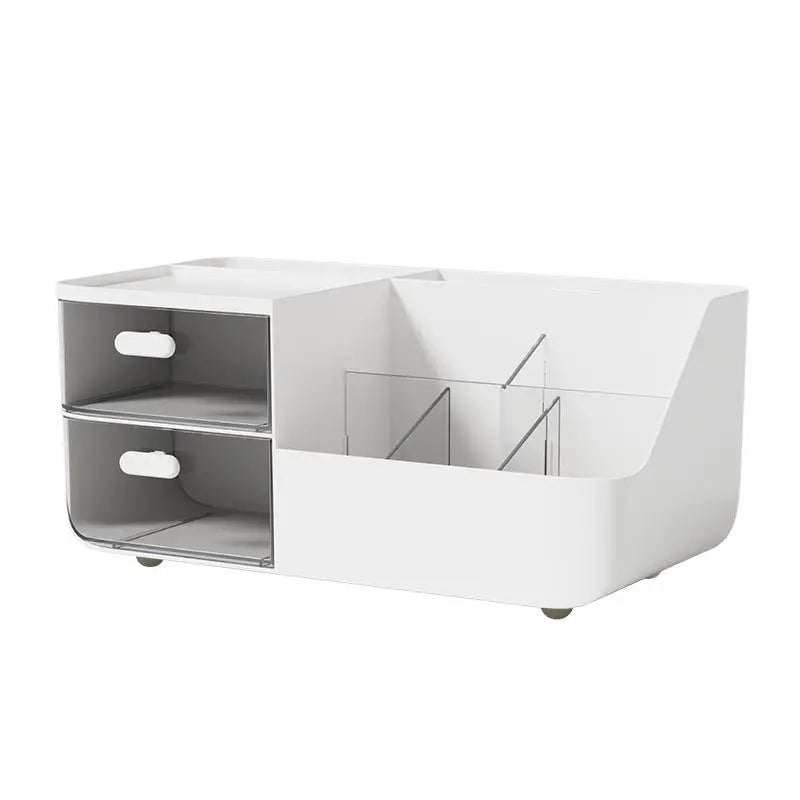 A white multifunctional desk organizer with two clear storage drawers.