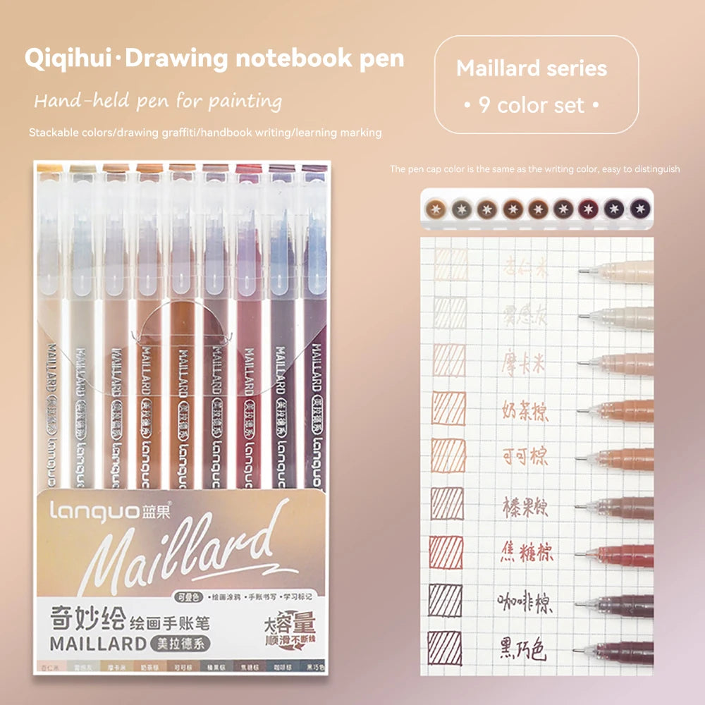 A set of nine colored Quill-type drawing notebook pens from the Maillard series with a grid layout for writing and drawing