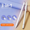 A white 3-in-1 multifunctional stylus pen with a silver fiber tip is shown next to a tablet adsorption feature.