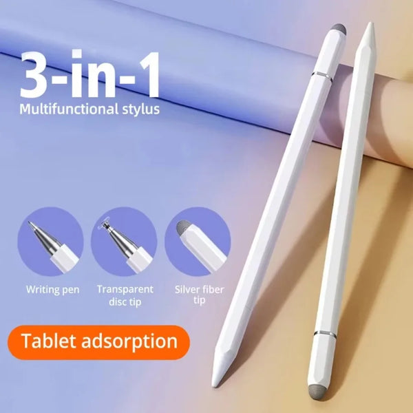 A white 3-in-1 multifunctional stylus pen with a silver fiber tip is shown next to a tablet adsorption feature.