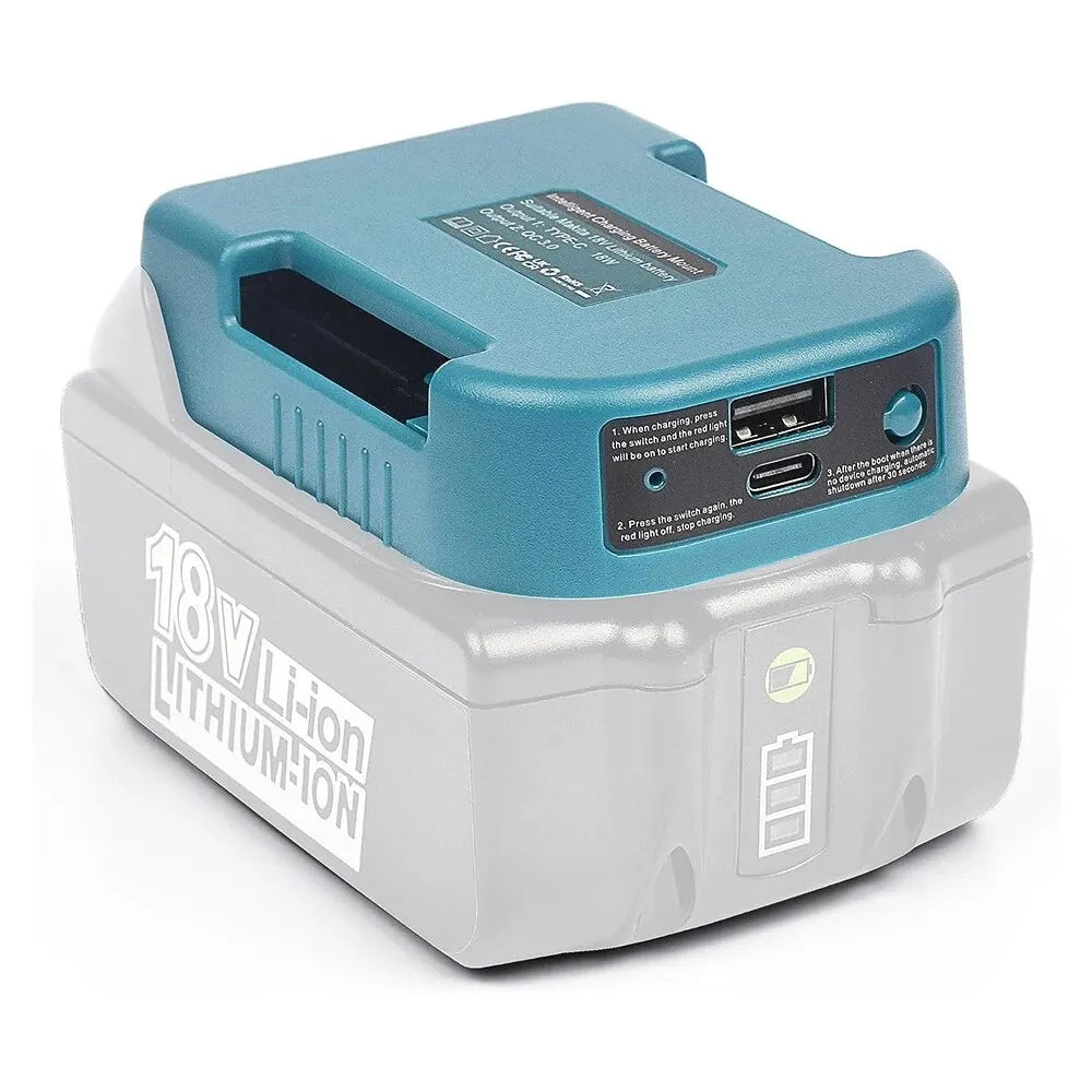A light blue and gray battery pack for Makita 18V tools featuring a USB and Type-C adapter.