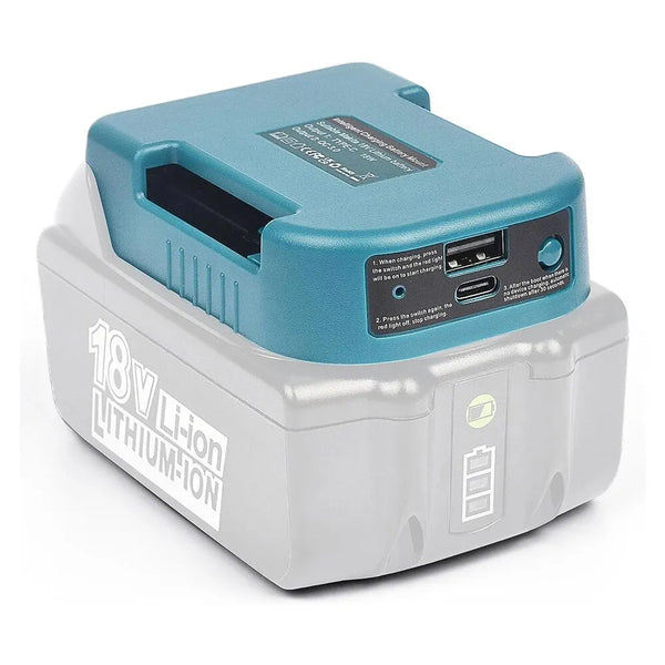 A light blue and gray battery pack for Makita 18V tools featuring a USB and Type-C adapter.