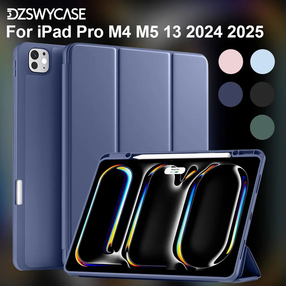 A blue silicone protective case and stand for an iPad Pro M4/M5, showing the device's interior.