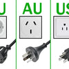 Reihe verschiedener universeller Laptop-Ladegeräte für verschiedene Regionen: UK, EU, AU, US und BR.