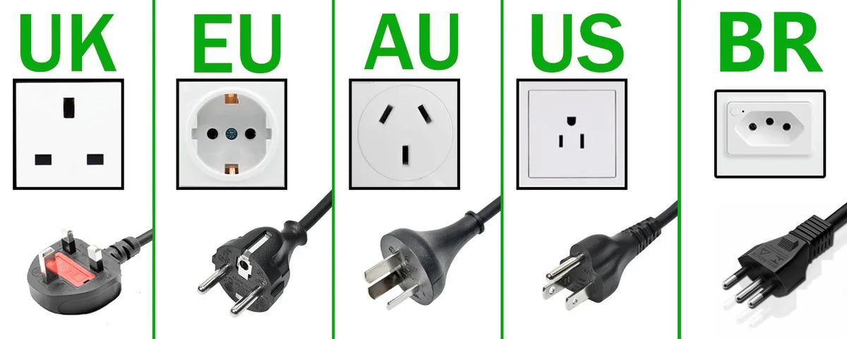 Reihe verschiedener universeller Laptop-Ladegeräte für verschiedene Regionen: UK, EU, AU, US und BR.