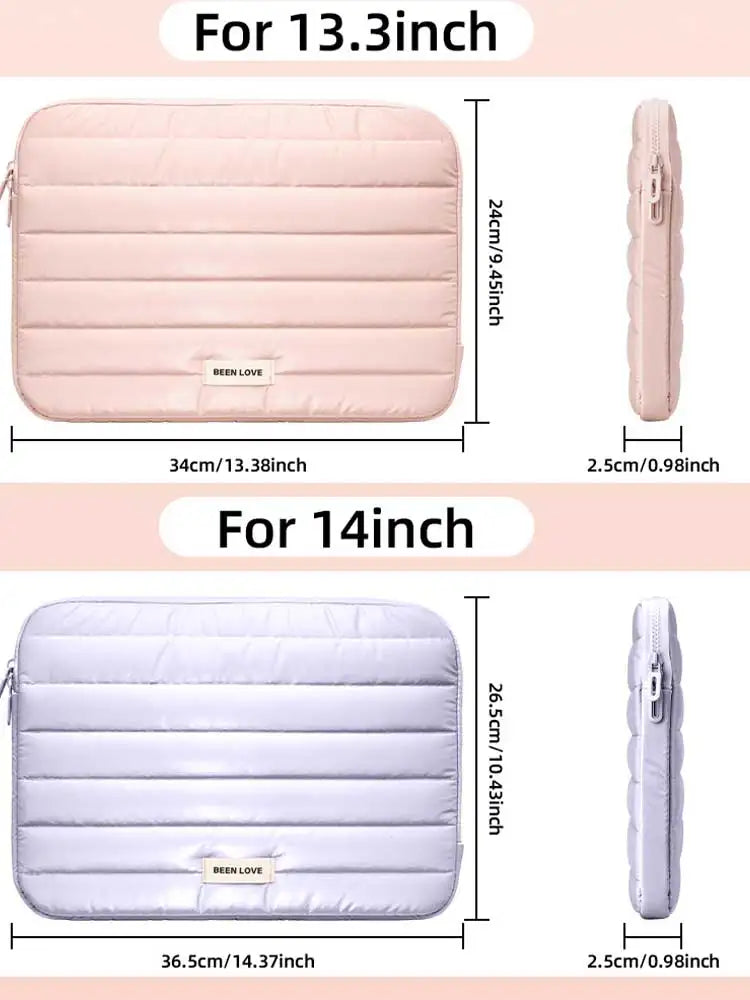 Padded laptop sleeves in pink and white for 13-inch and 14-inch devices.