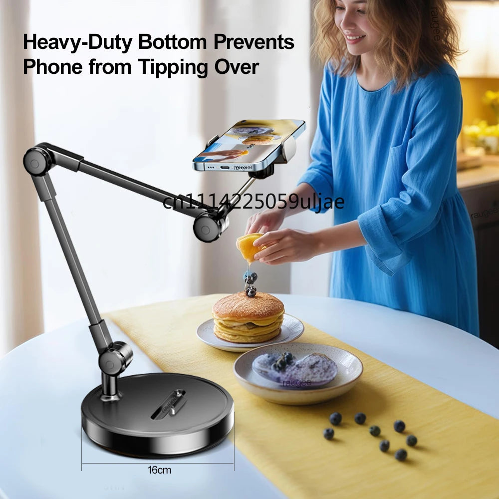 A heavy-duty, multi-angle adjustable phone holder stand is shown next to a plate of food.