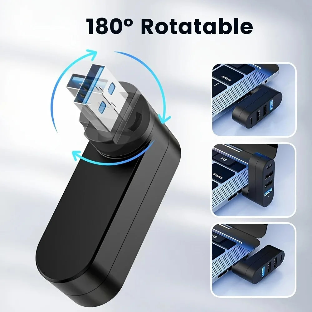 A black USB hub with an 180° rotatable connector, showing various port configurations.
