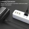 A white power connector with three gold-colored prongs is shown connected to a black cable.