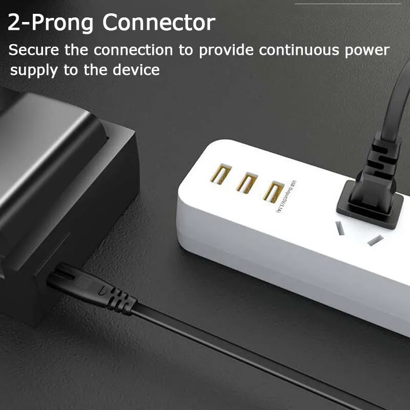 A white power connector with three gold-colored prongs is shown connected to a black cable.