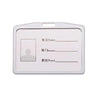 Porta credencial de plástico blanco con líneas en blanco para nombre, departamento y puesto.