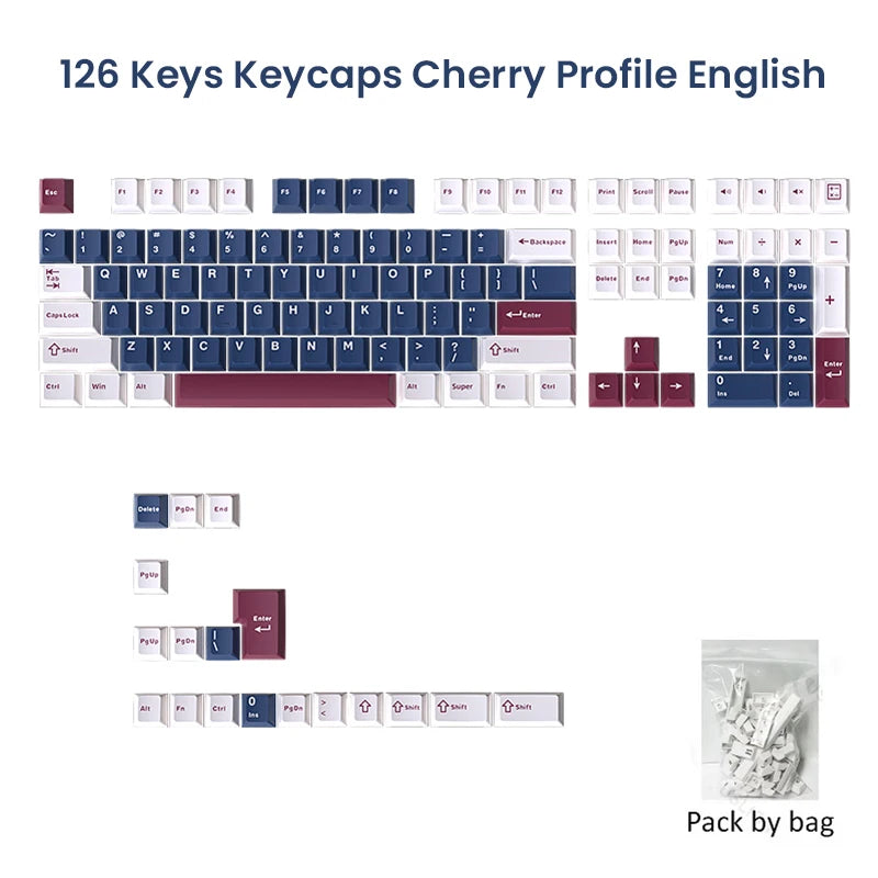 A collection of 126 keys and keycaps with a cherry profile for mechanical keyboards.