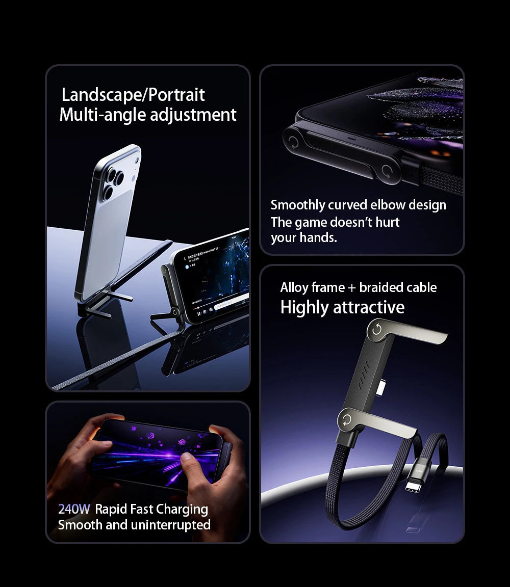 A set of accessories for a smartphone including a multi-angle adjustment cable, an alloy frame and braided cable, and a 240W 