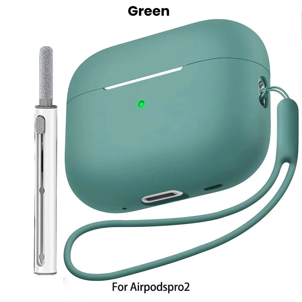 A green liquid silicone case for AirPods Pro 2 shown with a cleaning pen and lanyard.