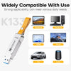 Kodak metal USB 3.1 flash drive with a leather lanyard shown next to various electronic devices.