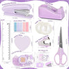 A collection of pink desktop stationery items including a bookbinding machine, tape holder, ruler, sticky tabs, notes, and sc