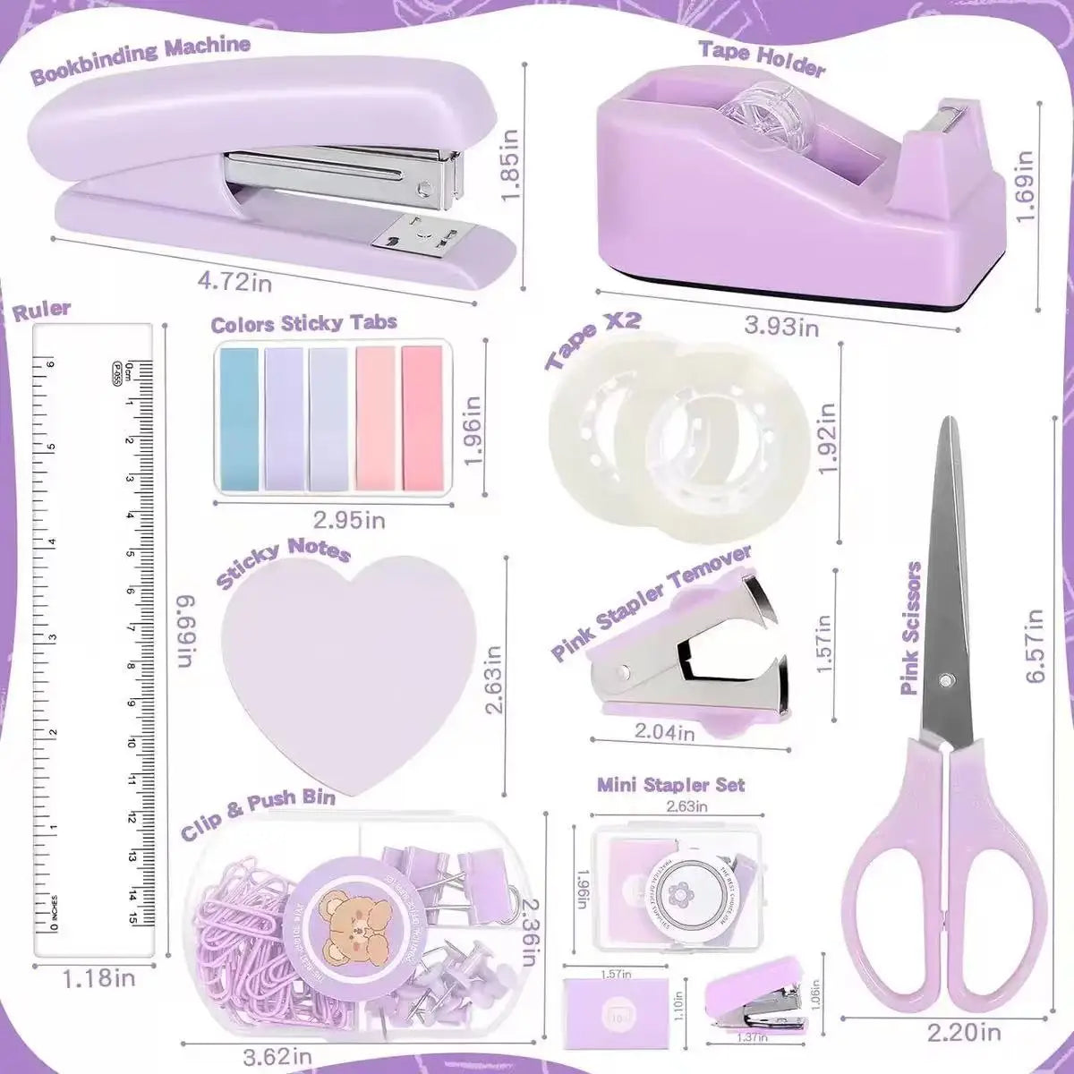 A collection of pink desktop stationery items including a bookbinding machine, tape holder, ruler, sticky tabs, notes, and sc