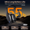 Black Bluetooth headset with a long cord is shown against a sunset background, highlighting its 55h music time, 36h talking t