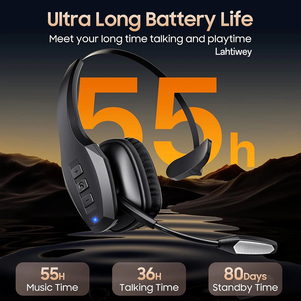 Black Bluetooth headset with a long cord is shown against a sunset background, highlighting its 55h music time, 36h talking t
