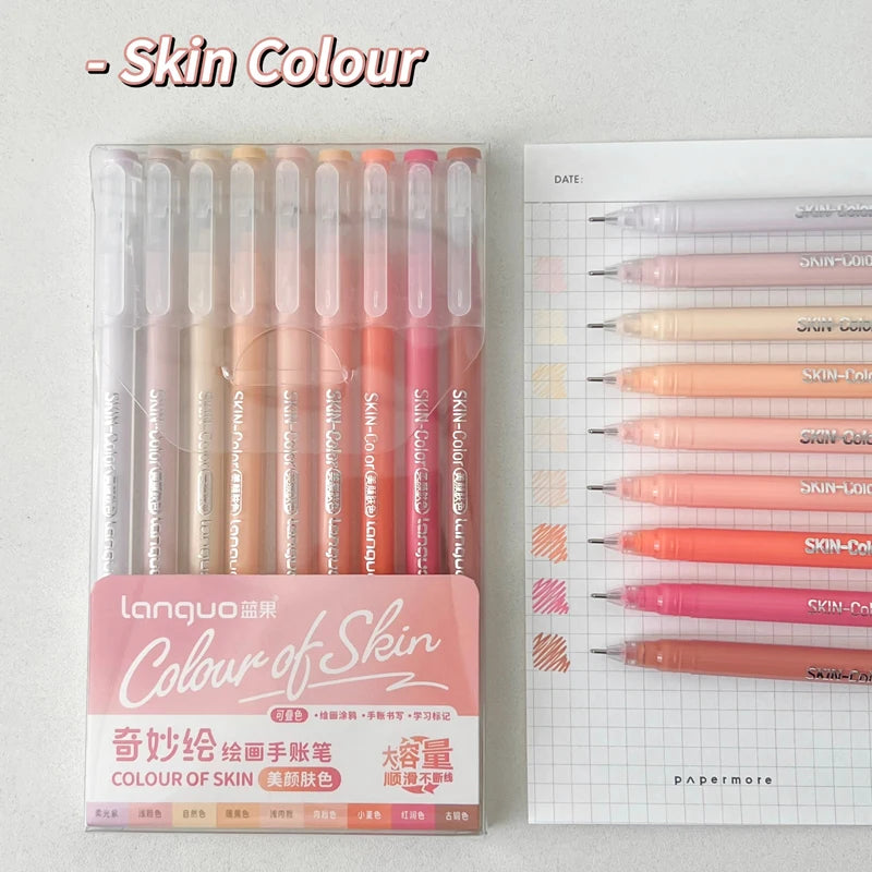 A set of nine Morandi Retro gel pens in various skin tones is displayed next to a date sheet.