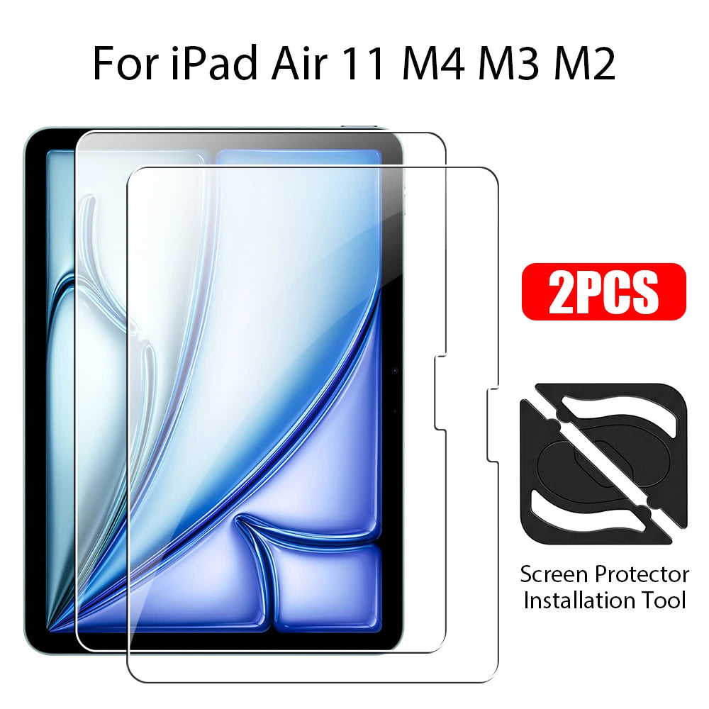Two clear tempered glass screen protectors and an installation tool for iPad Air 11 M4 M3 M2 devices